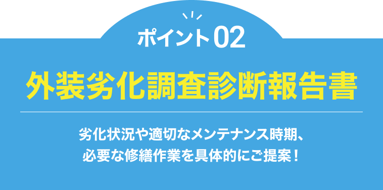 ポイント02外装劣化調査診断報告書 劣化状況や適切なメンテナンス時期、必要な修繕作業を具体的にご提案！