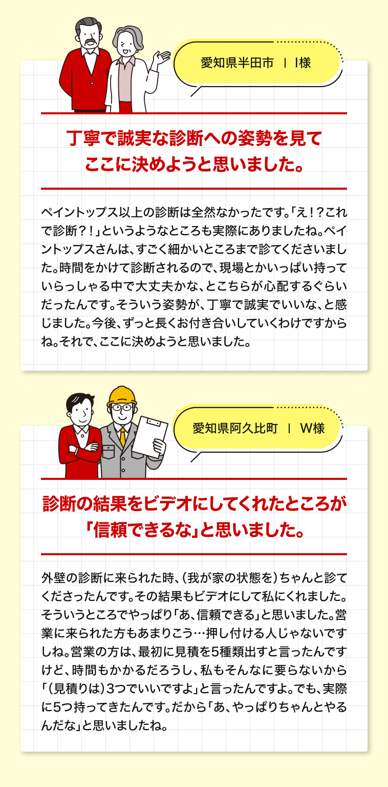 丁寧で誠実な診断への姿勢を見てここに決めようと思いました。/診断の結果をビデオにしてくれたところが「信頼できるな」と思いました。