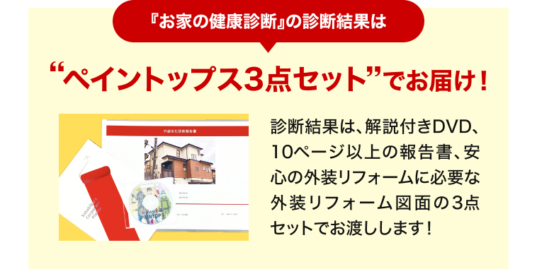 『お家の健康診断』の診断結果はペイントップス3点セットでお届け！ 診断結果は、解説付きDVD、10ページ以上の報告書、安心の外装リフォームに必要な外装リフォーム図面の3点セットでお渡しします！